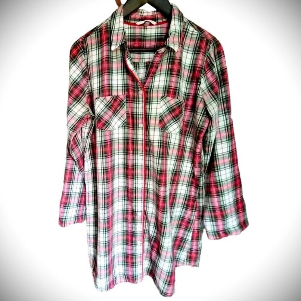Victoria's Secret Plaid Sleepshirt Button Down Roll Sleeve Night Shirt Sz Medium